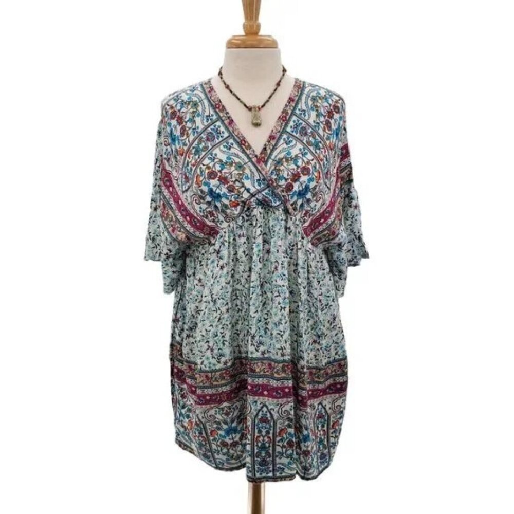Hayden Los Angeles Womens Floral Boho Sadie Tunic Sz. 1XL Bell Sleeve V-Neck NWT